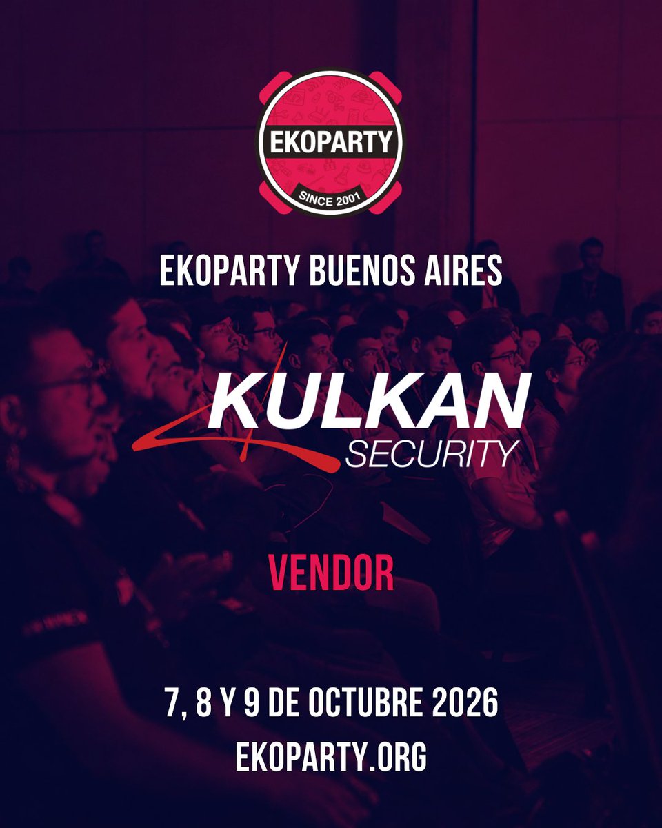 ekoparty's tweet photo. ¡Bienvenido @kulkansecurity a la EKO Buenos Aires 2026! Gracias por acompañarnos como Vendor 🚀

🎯 Kulkan es un equipo experto en penetration testing y seguridad ofensiva. Piensan y actúan como atacantes para identificar vulnerabilidades de alto impacto, entregando assessments con contexto real, reportes orientados al cumplimiento normativo y soporte en la remediación para asegurar entornos Web, Mobile y Cloud / On-Premise.
Con +25 años de experiencia en la industria, incorpora AI en su metodología y cuenta con un modelo de 3 tiers, para que elijas la opción que mejor se adapte a tu organización.

✅ El enfoque de Kulkan incluye:
- Testing de lógica de negocio: Escenarios de ataque diseñados a medida según los casos de uso específicos de cada organización, para descubrir vulnerabilidades profundas y difíciles de detectar.
- Cumplimiento normativo: Assessments especializados para PCI DSS, SOC 2, ISO 27001 y otros estándares de Compliance.
- Testing manual: Potenciado con tecnología de vanguardia para identificar vulnerabilidades explotables más allá de las capacidades del escaneo automatizado.

📌 Conocé más >> https://t.co/bIxY3HKep4

📅 Ekoparty Buenos Aires | 7, 8 y 9 de octubre 2026
🎫 Comprá tu entrada ahora en https://t.co/sJ1zuBmjsw