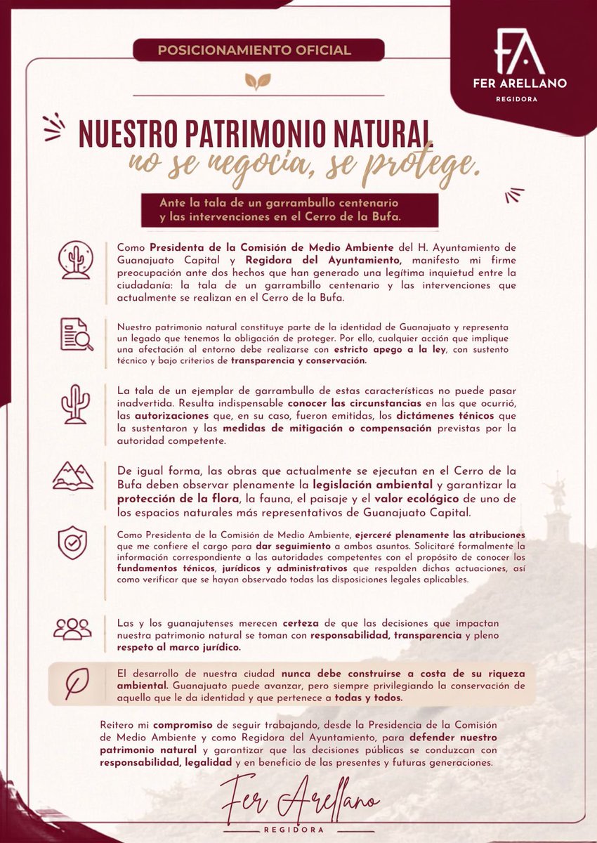 FerArellanoC's tweet photo. 🚨C O M U N I C A D O    O F I C I A L🚨

| Respecto a los acontecimientos dados en el municipio sobre la tala de garambullos y las obras en el cerro de la bufa. https://t.co/BX81pWCmDe