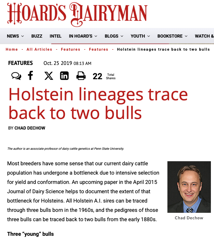NikoMcCarty's tweet photo. Dairy cows are extremely inbred.

More than 99% of the Holstein bulls used for breeding in the U.S. trace their paternal line back to two bulls born in the 1960s.

A tiny number of companies collect semen from bulls, genotype them, run statistical analyses, and then sell the "best-performing" semen to farmers around the world.

Because everyone buys from the same companies, a handful of bulls sire a huge share of calves. The Holstein breed's effective population size is (genetically) under 60. But this genetic selection process has increased milk yields per cow over the last few decades.