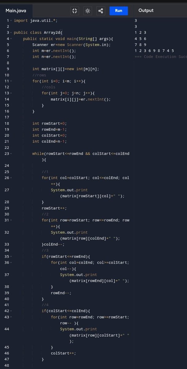 LearningCodesfr's tweet photo. Day 10:
2d arrays are good but qn of spiral order  matrix is never too well understood, this was my 1st time coding it it's easy to understand but at the same time very confusing...
@buildinpublic 
@java 
#coding
#learning https://t.co/KokZJOhl3R