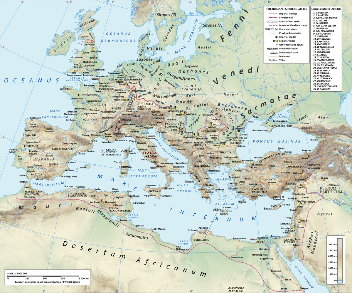 AncientHistorry's tweet photo. The Roman empire under Hadrian (ruled 117–138) showing the location of roads, cities, provincial boundaries, naval bases, the Roman legions deployed in AD 125 and Germanic tribes from the time of Augustus https://t.co/aPMXfWdNUa