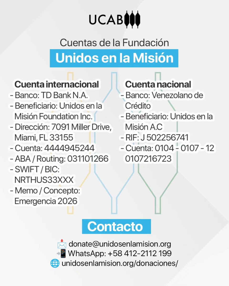 enlaucab's tweet photo. Chequea la imagen para conocer las cuentas bancarias nacionales e internacionales habilitadas por nuestros aliados de la Fundación Unidos en la Misión.

¡Cada aporte suma en esta misión por Venezuela! https://t.co/K6UZvdX6I2