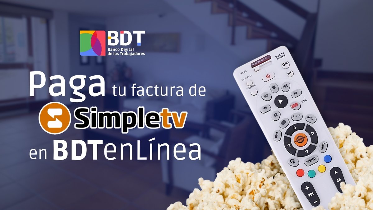 BDT_VE's tweet photo. 📍 Recuerda estar al día con la factura de #SimpleTV para que no te pierdas tus series favoritas; sólo debes afiliar el servicio a BDT en Línea, ingresando a 👉 https://t.co/hMf76Ge8TD, de manera rápida, fácil y segura.

#BDTEnLínea #PagoDeServicios #Economía https://t.co/SLU2CKsVFy