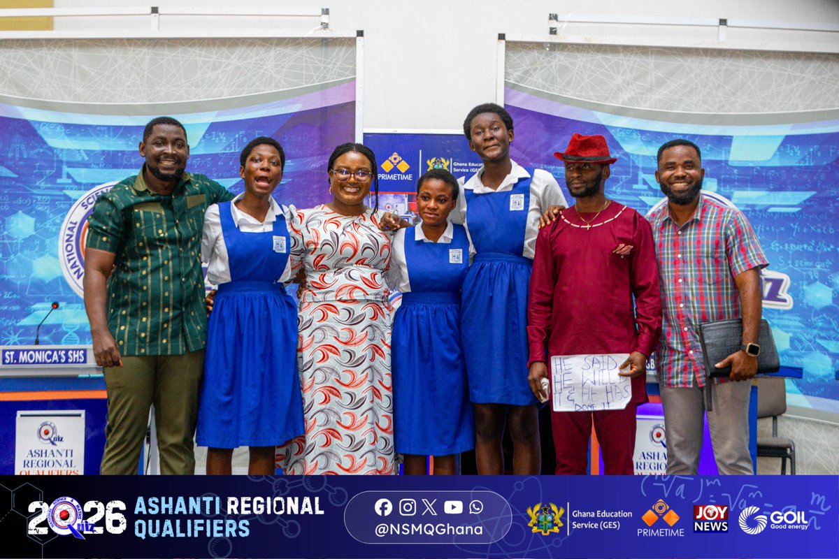 NSMQGhana's tweet photo. ASHANTI:

End of Contest

St. Monica's SHS: 49pts
Presby SHS, Bompata: 47pts
Bodwesango SHS: 1pt

MUNCHE!!!!!!!!!! St. Monica's SHS qualifying to the National Championship.

#NSMQ2026 #NSMQRegionals #Primetime https://t.co/3dNf0mdqft