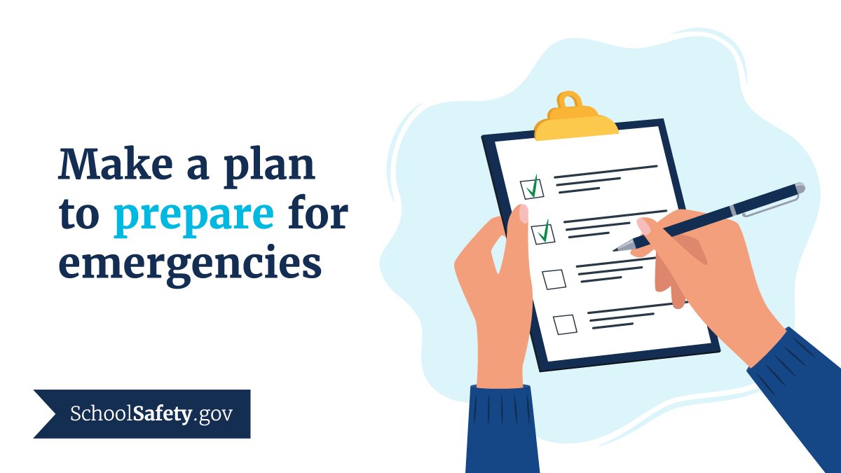 SchoolSafetyGov's tweet photo. Emergency planning is a foundational element of #SchoolSafety that includes long-term efforts and everyday actions that support preparedness. Learn more and find resources to plan for potential school emergencies and crises: https://t.co/TRSLEMjVBF https://t.co/ktInc4ARN6