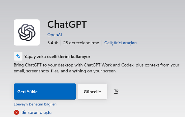mugrdgn's tweet photo. @OpenAI Bug report: The ChatGPT Windows app fails to launch after updating from the Microsoft Store. The Store displays "Something went wrong", and the app never opens. Please investigate. #ChatGPT #WindowsBug https://t.co/aa9IxTDGFm