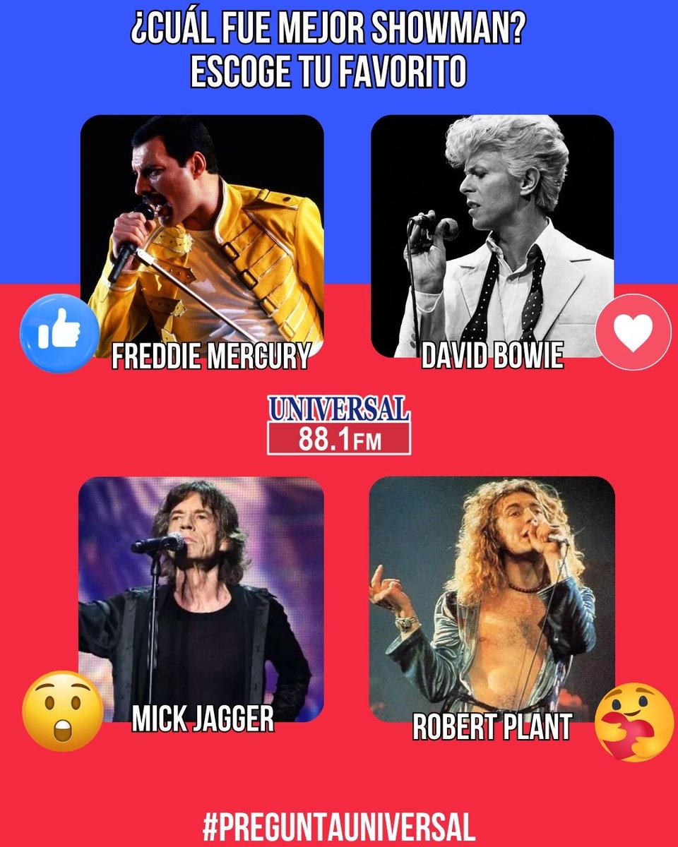 universal881fm's tweet photo. #PreguntaUniversal 🎤🔥

¿Cuál fue mejor showman?

👍 Freddie Mercury
❤️ David Bowie
😮 Mick Jagger
🥰 Robert Plant
¡Vota con tu reacción y cuéntanos en los comentarios quién dominó el escenario como nadie! 🤘
#Queen #DavidBowie #TheRollingStones #LedZeppelin https://t.co/z1DKZF5D4o