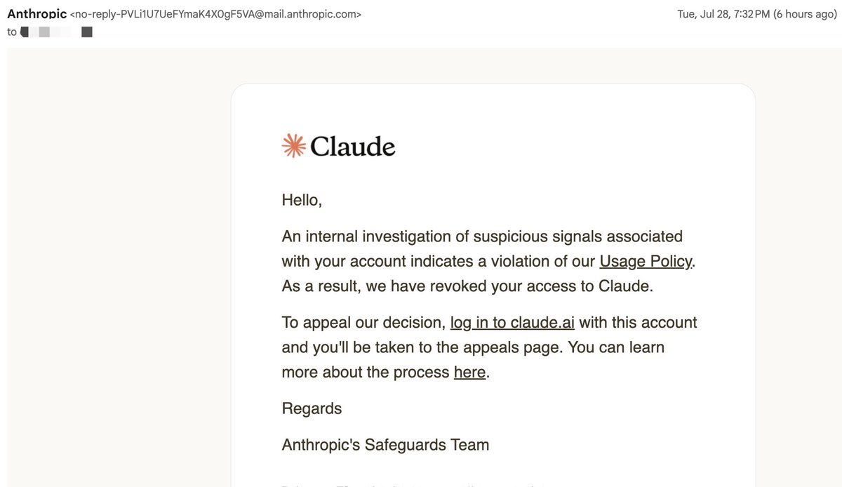 Voltplant's tweet photo. @AnthropicAI I’ve been a Claude Max 20x subscriber for 6+ months, using Claude Code in VS Code for legitimate internal software development. My account was suddenly disabled with no specific explanation. I’ve submitted an appeal. Could someone please manually review my case? https://t.co/43PDaez2zu