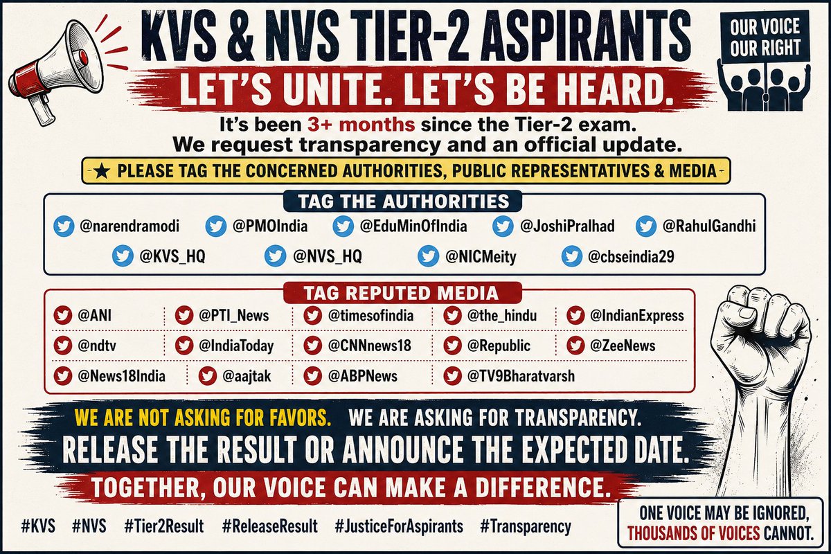 ROSHANYOGI13's tweet photo. Dear #KVS  #NVS Tier -2 Aspirants,
Please tag:
@narendramodi @PMOIndia @EduMinOfIndia @JoshiPralhad @RahulGandhi @KVS_HQ @NVS_HQ @NICMeity @cbseindia29

Media:
@ANI @PTI_News @timesofindia @the_hindu @IndianExpress @ndtv @IndiaToday @CNNnews18 @Republic @ZeeNews @News18India https://t.co/1iIubU446A