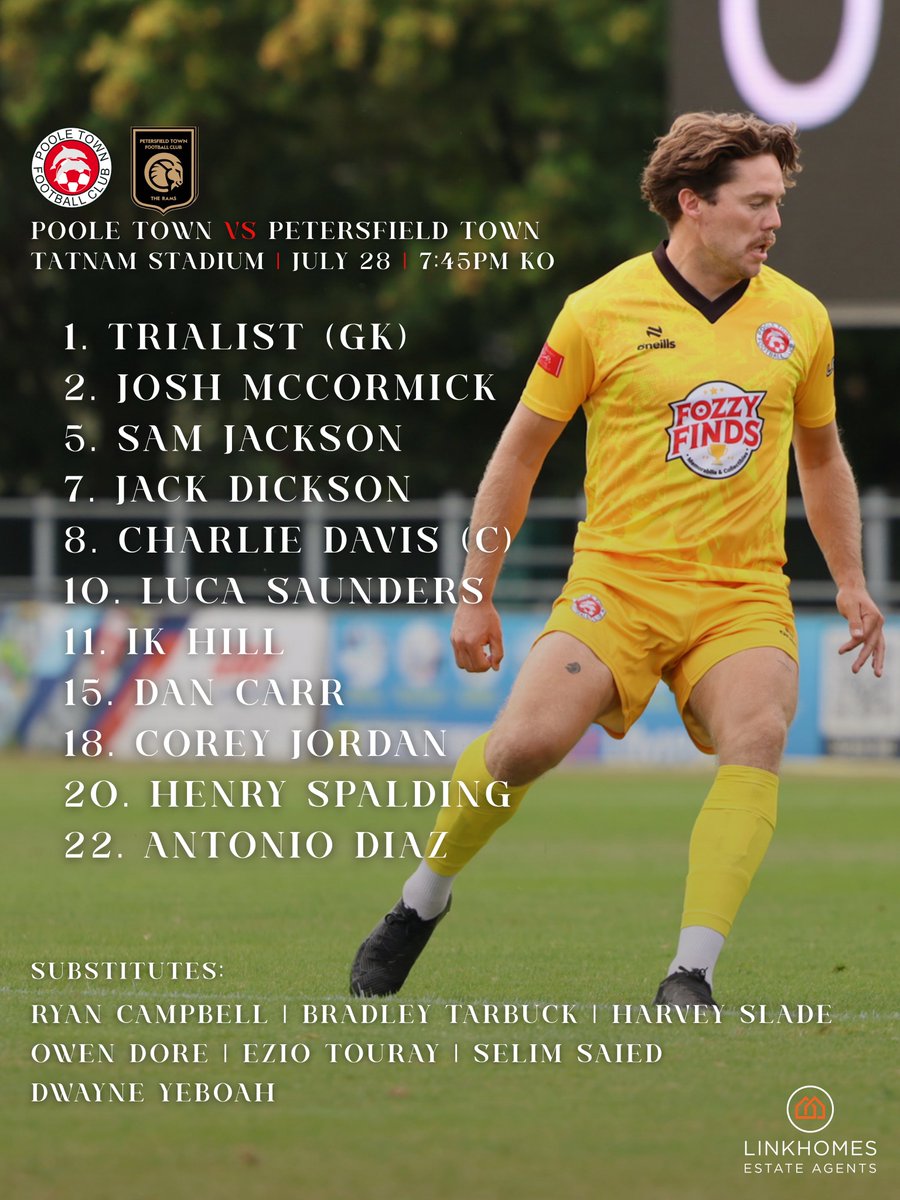 PooleTownFC's tweet photo. TEAM LINEUP!🔴⚪️

Today’s Poole Town team to take on Petersfield Town👊

#COYD🐬 https://t.co/j8zCzJn4wp