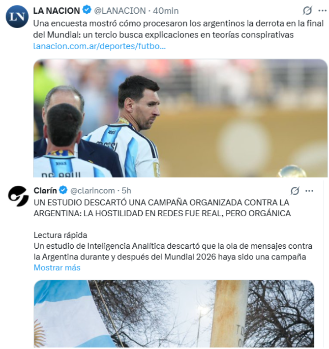 Puflito___'s tweet photo. Así operan los medios de comunicación 👇

Dos posts hechos el día

La Nación: No hubo apriete a los jugadores, son teorías conspirativas

Clarín: No hubo campaña organizada contra Argentina, el ataque sistemático fue "orgánico"

Que curioso

A La Nación no le importa averiguar por qué lloraban los jugadores en el vestuario, o por qué Messi dijo "olvídense de todo", ni por qué pateó fuera del arco 5 veces en el calentamiento. Lo único que le importa, es convencernos de que no pasó nada y que todo el resto son teorías conspirativas

A Clarín no le importa averiguar de dónde salieron los miles de bots con 5 seguidores que se dedicaron únicamente a insultar a nuestro país, ni que muchos de ellos habían sido señalados por pertenecer a la empresa "Team Jorge", con sede en Israel y que se jacta abiertamente de haber intervenido más de 30 elecciones

Solo les importa convencernos de que lo que vivimos los últimos meses fue real y orgánico

¿Por qué medios de nuestro propio país operan tan alevosamente contra nosotros mismos?

¿Tendrá algo que ver con su conocida lealtad hacia otra nación?