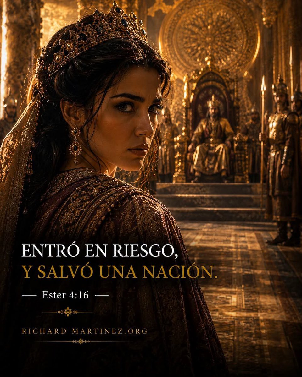 cantanterichard's tweet photo. “Y si perezco, que perezca.” — Ester 4:16

Ester entró en riesgo porque comprendió que había momentos en los que el silencio también podía convertirse en una condena. Su corona no era solamente un privilegio; era una responsabilidad puesta por Dios sobre su vida.

Frente al temor, decidió no retroceder. Sabía que presentarse delante del rey sin ser llamada podía costarle la vida, pero también sabía que permanecer inmóvil podía costarle el futuro a toda una nación.

Antes de entrar al palacio, Ester buscó fuerzas en el ayuno y la oración. No confió únicamente en su belleza, su posición ni su influencia; puso su destino en las manos de Dios.

La valentía no significa ausencia de miedo. Valentía es avanzar aun cuando el corazón tiembla, porque existe una causa más grande que nuestra comodidad y un propósito más poderoso que nuestras dudas.

Quizás tú también has llegado a un momento en el que debes hablar, decidir o dar un paso difícil. No ignores la voz de Dios por temor a perder lo que tienes; tal vez has llegado hasta aquí para una hora como esta.

Cuando una persona se levanta con fe, el cielo puede usar su obediencia para proteger familias, abrir caminos y cambiar historias. Ester arriesgó su vida, pero Dios convirtió su decisión en salvación.

No subestimes el propósito que descansa sobre ti. Tu oración, tu voz y tu valentía pueden ser la respuesta que alguien más está esperando. Entró en riesgo y salvó una nación. Amén.
#motivationalquotes #motivationalquote #RichardMartinez