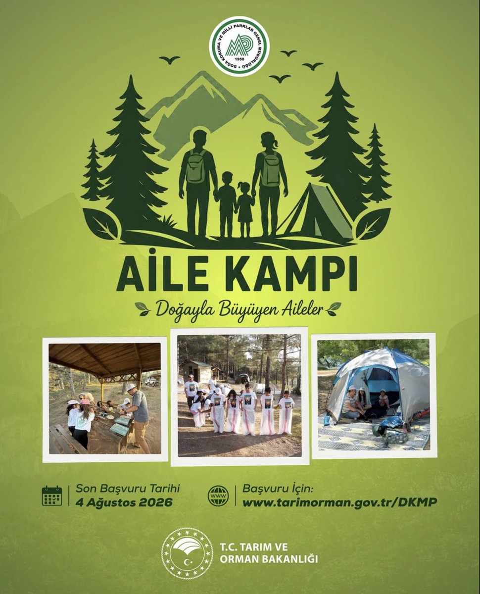 Balikesir_DKMP's tweet photo. Aileler Doğayla Buluşuyor! 🏕️💚

🗓️ 8 Ağustos 2026 tarihinde Türkiye'nin 81 ilinde düzenlenecek Aile Kampı etkinliği için başvurular başladı! 🎉

👨‍👩‍👧‍👦 Doğayla iç içe keyifli bir gün geçirmek, 
🌳 Çocukların doğayı yaşayarak keşfetmesini sağlamak,
🦋 Birbirinden güzel etkinliklere katılmak için başvurunuzu hemen yapabilirsiniz.

⏳ Son başvuru tarihi: 4 Ağustos 2026

🍃🌲 Doğada buluşmak dileğiyle… 🏕️☀️💚

Detaylar:👉🏻
https://t.co/rVlaLoandJ

Başvuru:👉🏻
https://t.co/aaaVe94anm

@Dkmp2BolgeBursa
