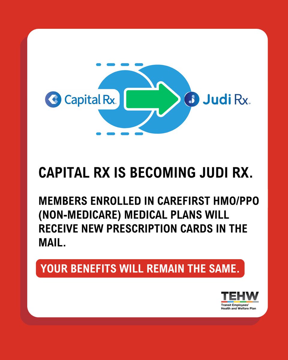 TEHWOfficial's tweet photo. 📬CareFirst BlueChoice HMO &amp; PPO (Non-Medicare) members: Be on the lookout for your new Judi Rx (formerly Capital Rx) prescription cards in the mail! 

Use your new card when it arrives. Your benefits will remain the same.

Learn more: https://t.co/K3IUDvoO50 https://t.co/sUn4kiJOUv