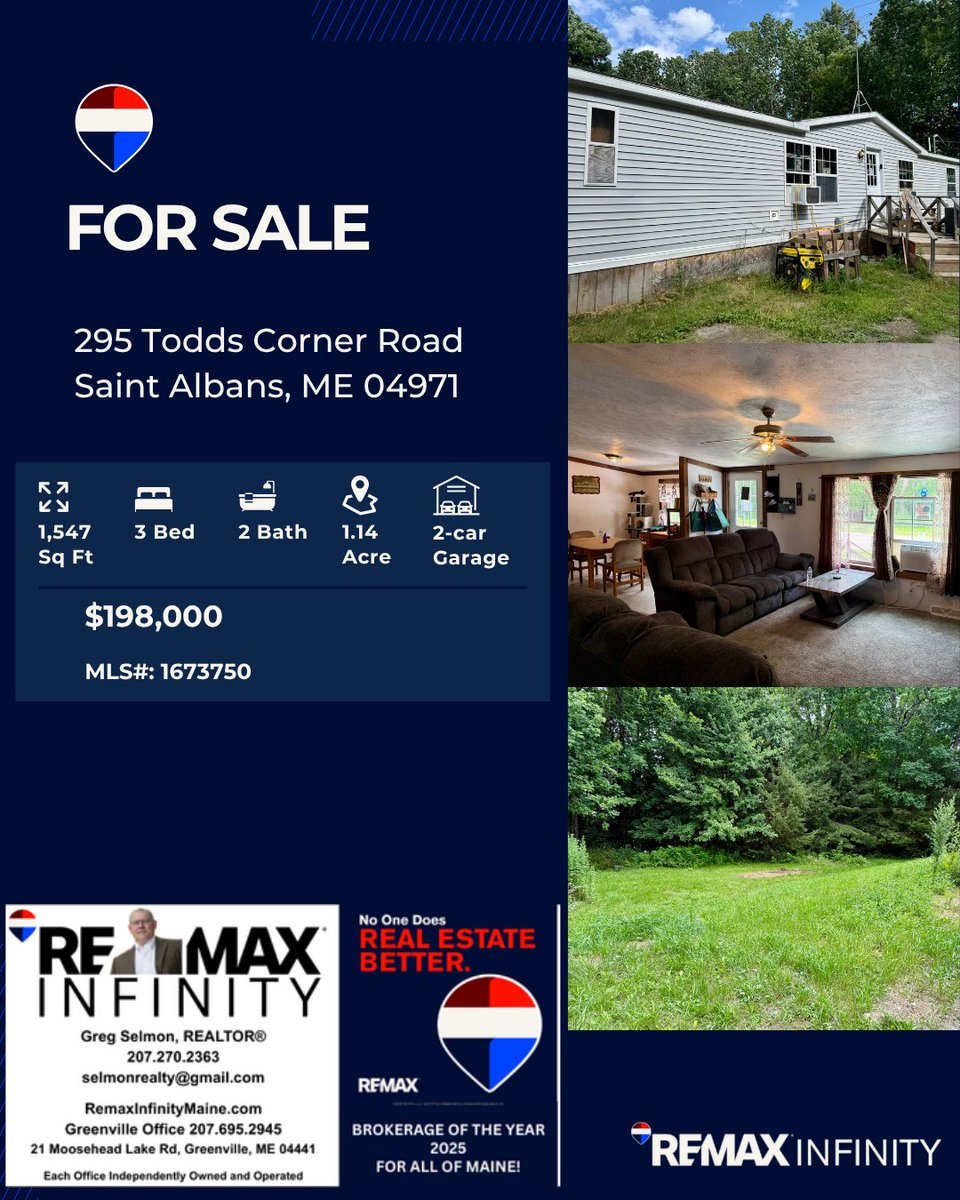 RemaxInfinityME's tweet photo. 🏡For Sale with REMAX Infinity in Saint Albans, Maine
📍295 Todds Corner Road
💲List Price $198,000
📋MLS# 1673750
📞REALTOR® Greg Selmon | 207-270-2363
🌐https://t.co/fkDNAx9qAF
📍Dexter 207-924-2264 | Greenville 207-695-2945
#SaintAlbansME #MaineRealEstate #REMAXInfinity https://t.co/MUliPhuZqz