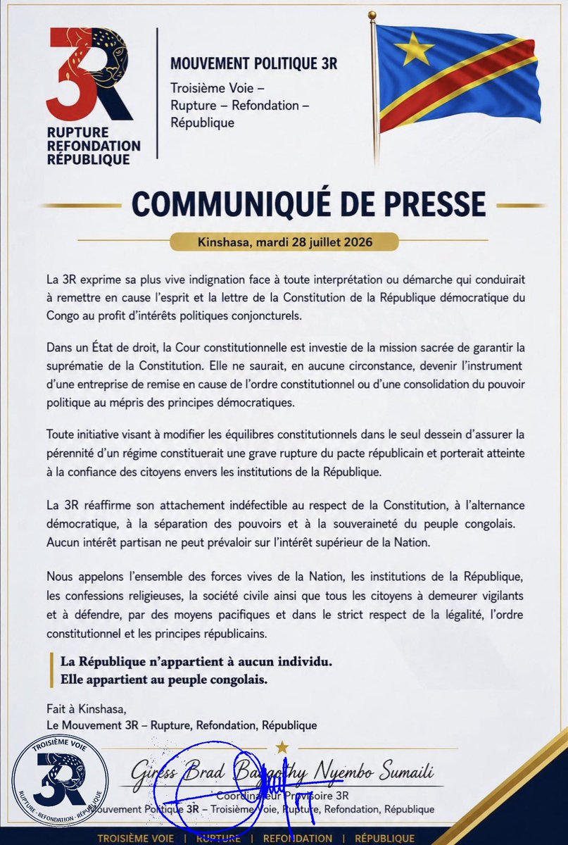 3RDRC's tweet photo. La @3RDRC exprime sa plus vive indignation face à toute interprétation ou démarche qui conduirait à remettre en cause l’esprit et la lettre de la Constitution de la République au profit d’intérêts politiques conjoncturels.

Giress Brad Baggothy Nyembo Sumaili 
Coordinateur. https://t.co/RsfY2tuyHM