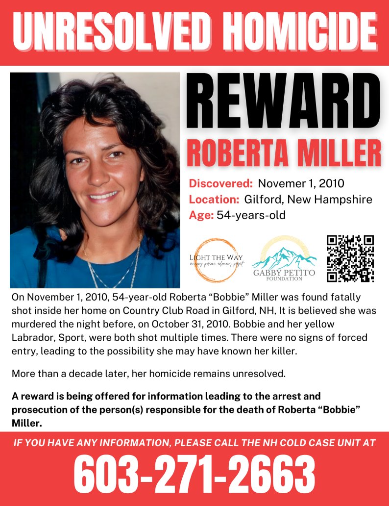 LightTheWay22's tweet photo. On Nov 1, 2010, #RobertaMiller was found fatally shot inside her Gilford, #NewHampshire home. She is believed to have been killed on Oct 31. The home showed no signs of forced entry. Her homicide remains unsolved. A reward is offered for information. #TipTuesday #NHUnsolved #Reward