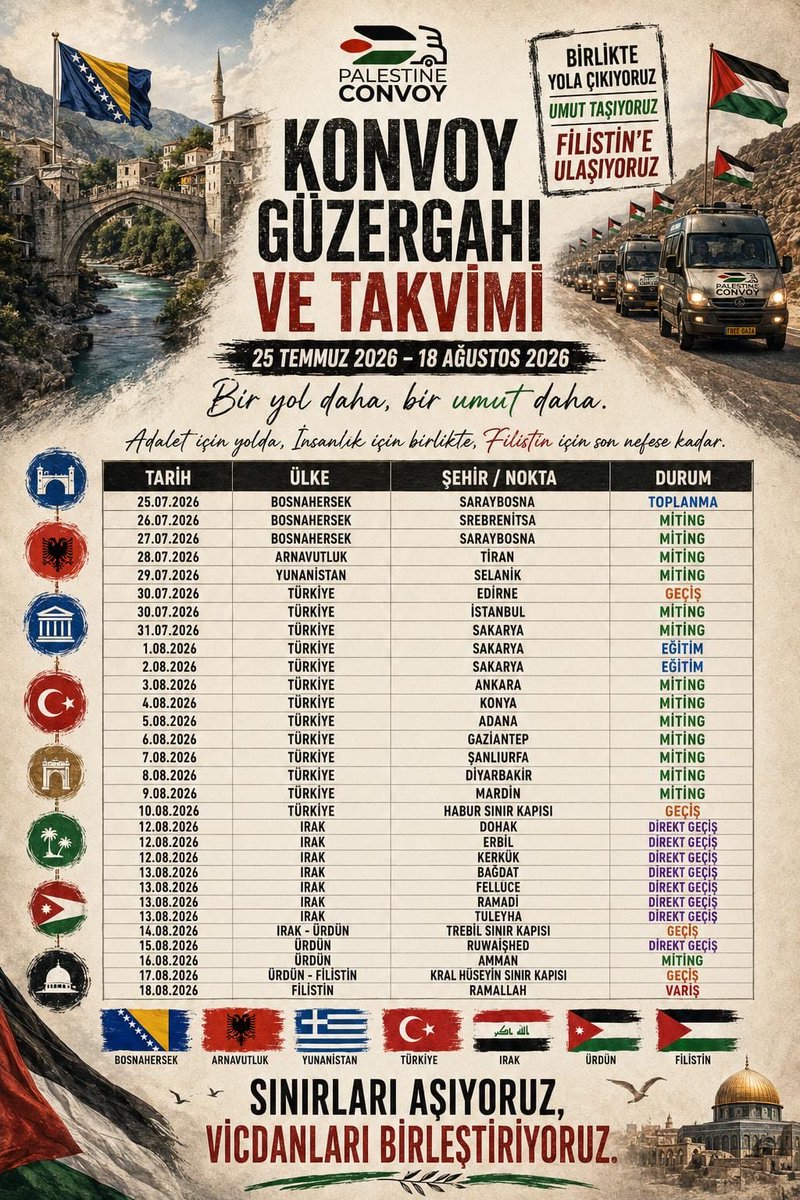 ademozkose's tweet photo. Filistin Konvoyu gittiği her yerde büyük bir ilgiyle karşılanıyor. Önümüzdeki günlerde Türkiye’ye giriş yapacak olan konvoyun programını sizlerle paylaşıyorum. Bu konvoyun önü açılmalı. Hiç bir İslam ülkesi konvoyu engelleyerek İsrail’e gönüllü sınır veya koruma olmamalı. https://t.co/UbPygeUcBX