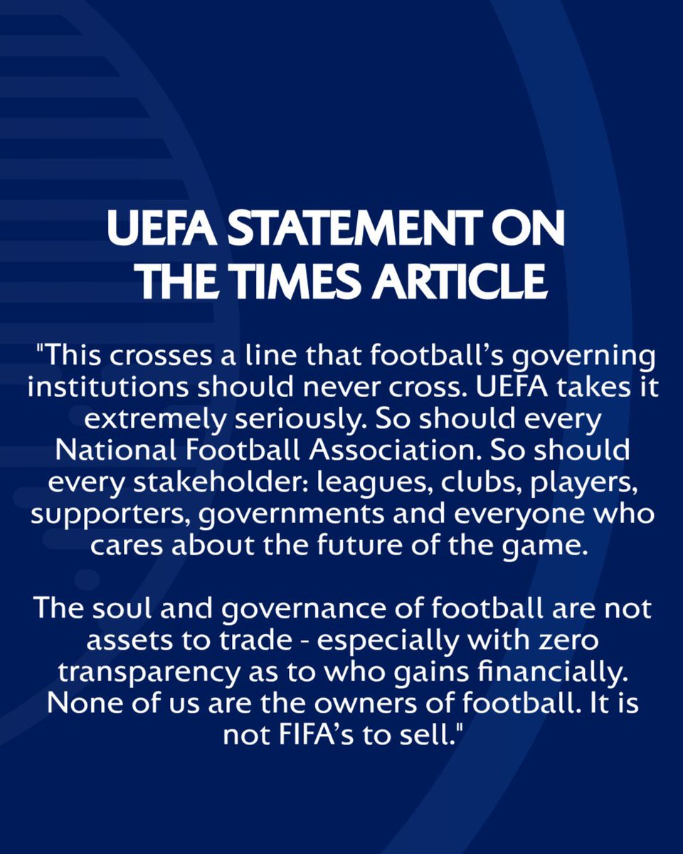 LuisOmarTapia's tweet photo. #Fútbol2Day - 🏆 

De acuerdo a The Times, la FIFA planea crear una compañía la cual vendería una participación en acciones del Mundial. La valuación comercial sería de unos $20 mil millones de dólares, trabajando con JPMorgan y el inversor Joshua Kushner. Dicha idea habría surgido de la administración Trump. Se venderían entre un 20% y 30% de la Copa del Mundo en acciones. La FIFA mantendría la parte mayoritaria para el “control general”.

La UEFA respondió en un comunicado, afirmando que el "alma y la gobernanza" del fútbol no son activos para comerciar. 

Reportes indican que el plan podría presionar a la FIFA a realizar Copas del Mundo más frecuentes.
