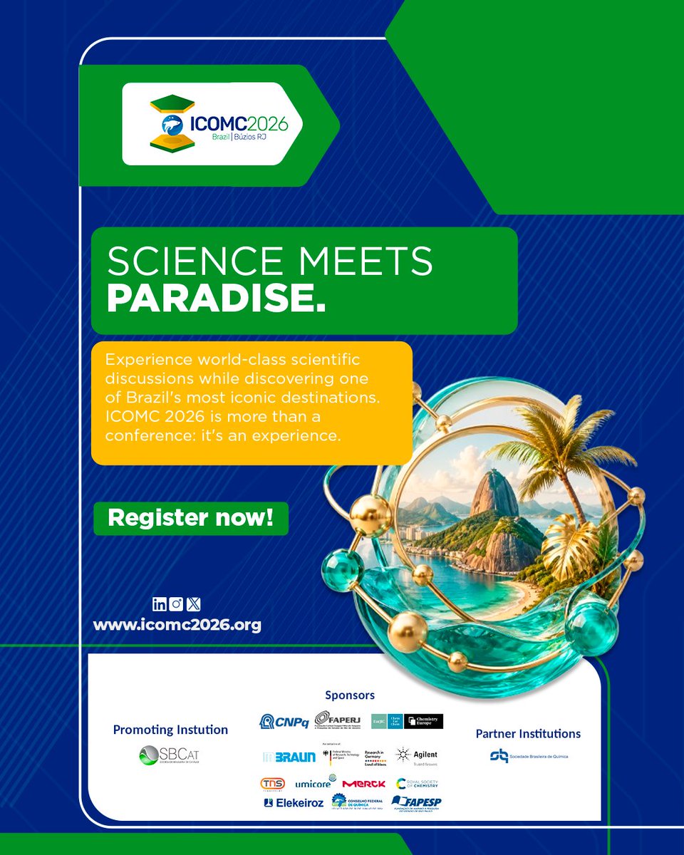 icomc2026's tweet photo. 🌴🔬 Science is about to meet paradise! 

#ICOMC2026 is bringing the global organometallic chemistry community to Búzios, Brazil, for a week of innovation, collaboration and networking. 

📅 Aug. 2–7. Registration is still open join us! 🌍✨ https://t.co/MWY6oS8TgQ