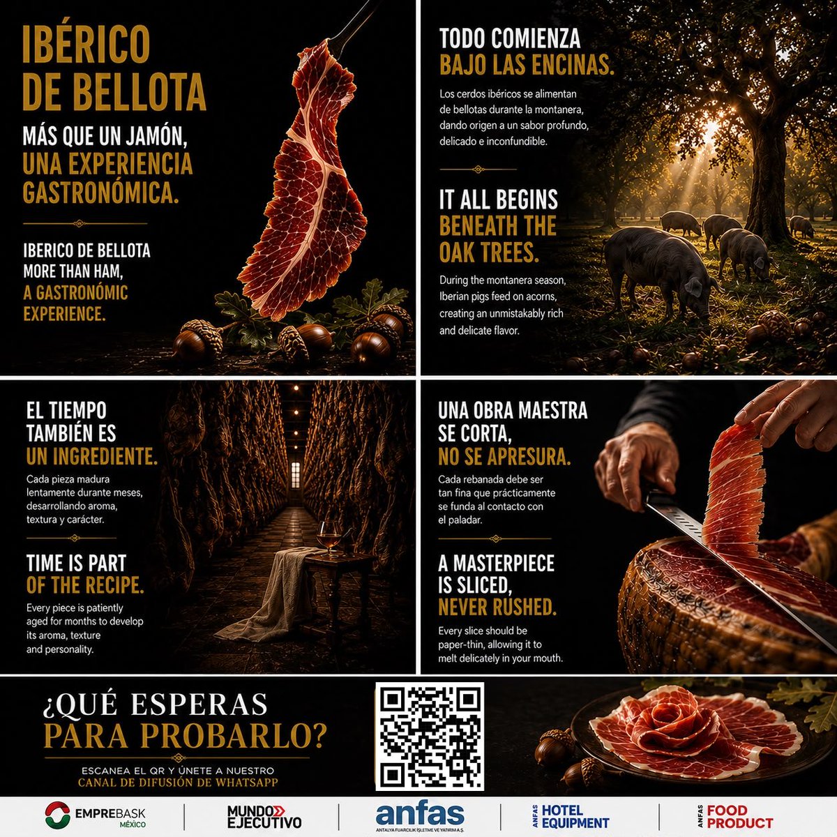 Emprebaskmexico's tweet photo. ¿Que hace que un jamón sea considerado una joya gastronómica? 

La respuesta no está solo en su sabor, sino en todo lo que ocurre antes de llegar a tu mesa…

#EmprebaskMéxico #España #Jamóniberico https://t.co/qTnl3as7xT