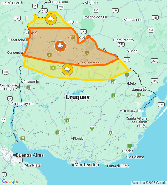 Inumet_'s tweet photo. Advertencia naranja por Tormentas fuertes
Advertencia amarilla por Tormentas puntualmente fuertes
Se actualizará a las 18:00 o ante cambios significativos

Más info: https://t.co/zY2u8OFmLu https://t.co/6QQQ5wvLXB