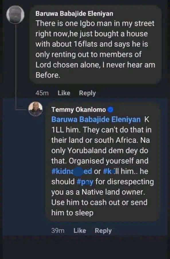 drkenon2's tweet photo. Tinubu’s Supporter threatens to k!dnapp &amp; K!ll an Igboman simply because he built a house in Yorubaland &amp; decides who becomes a tenant in that house. 

@FBI @FBIDirectorKash @PoliceNG @OfficialDSSNG 

GET HIM ARRESTED IMMEDIATELY https://t.co/cvtgB7ymbZ