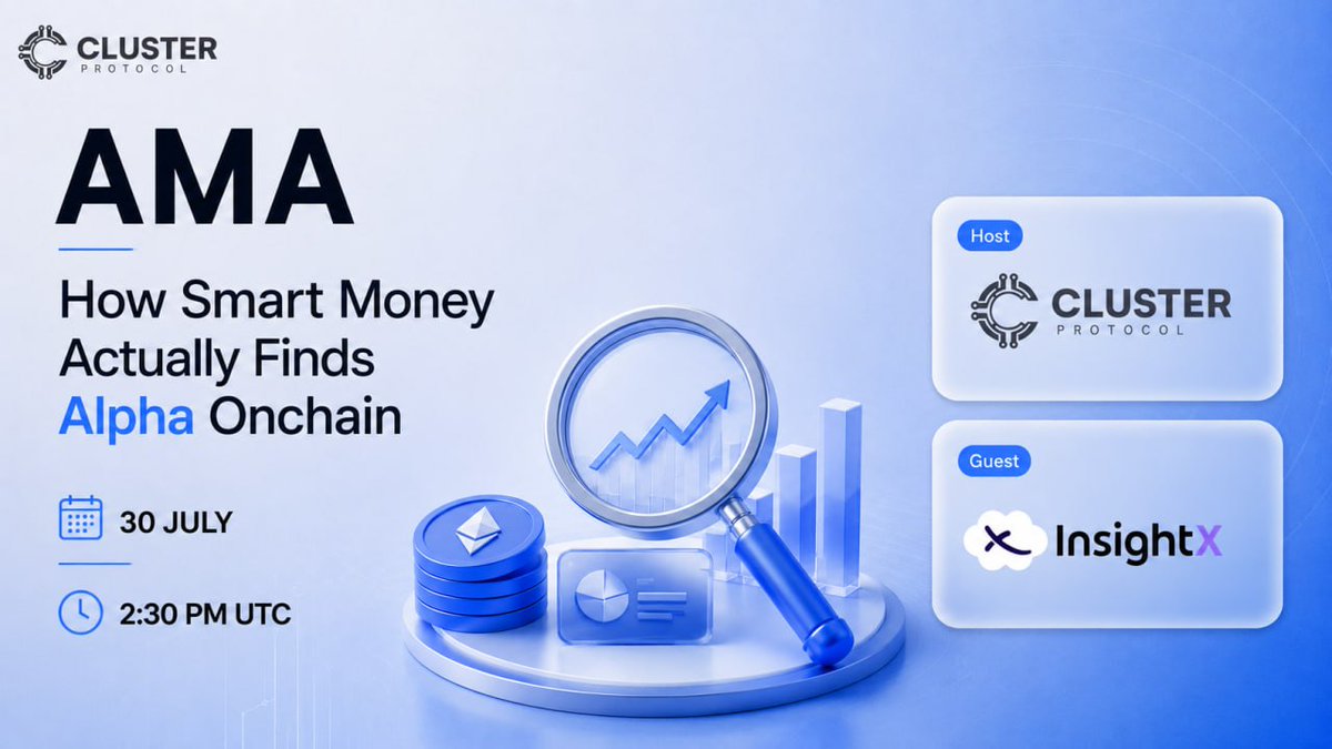 ClusterProtocol's tweet photo. How does smart money always seem to be one step ahead onchain?

We're sitting down with @InsightXHQ to break down how the pros actually read the chain, tracking whales, spotting the wallets nobody else sees, and finding alpha before it hits your timeline. 

🎙️Live this Thurs on X Spaces. 
🗓30 July, 2:30 PM UTC.