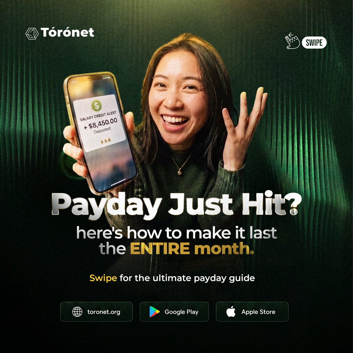 toronet's tweet photo. Pay just hit your account? Here's your ultimate guide to making it last ALL month long.

Follow The 50/30/20 rule, pay yourself first and remember. Toronet Wallet has got you covered from Payday to Payday. 

Send, Receive & Swap Cash or Crypto with Toronet Wallet.

Save this post and tag a friend who needs to see this.