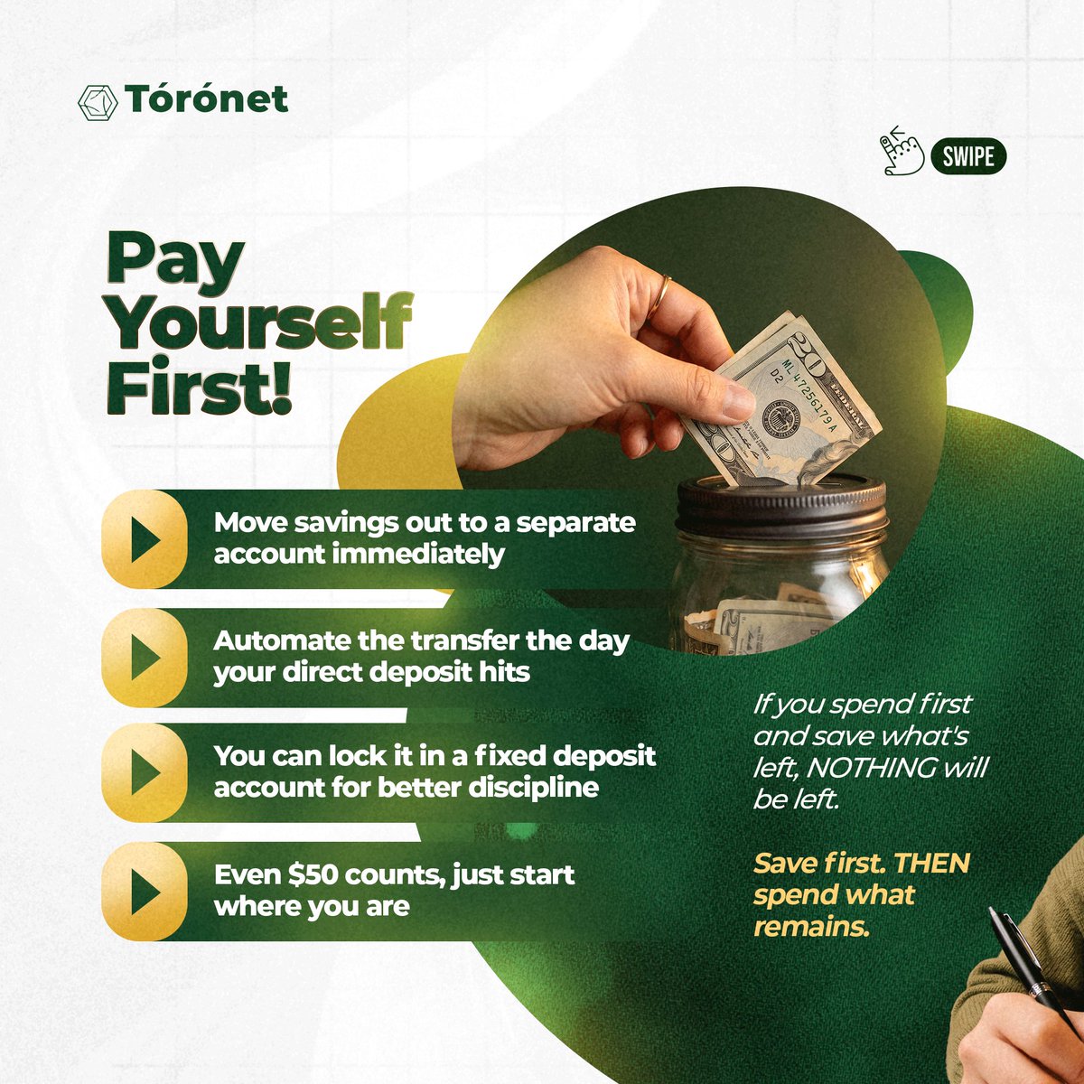 toronet's tweet photo. Pay just hit your account? Here's your ultimate guide to making it last ALL month long.

Follow The 50/30/20 rule, pay yourself first and remember. Toronet Wallet has got you covered from Payday to Payday. 

Send, Receive & Swap Cash or Crypto with Toronet Wallet.

Save this post and tag a friend who needs to see this.