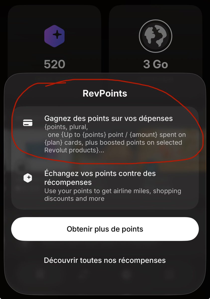 clementonyme's tweet photo. @revolutsupport @Revolut Hi! I noticed a localization bug when tapping the RevPoints widget in the app. The UI is displaying raw ICU translation placeholders (see attached screenshot) instead of the translated text. Thought you’d like to know! 👀 https://t.co/ubp4LsY9co