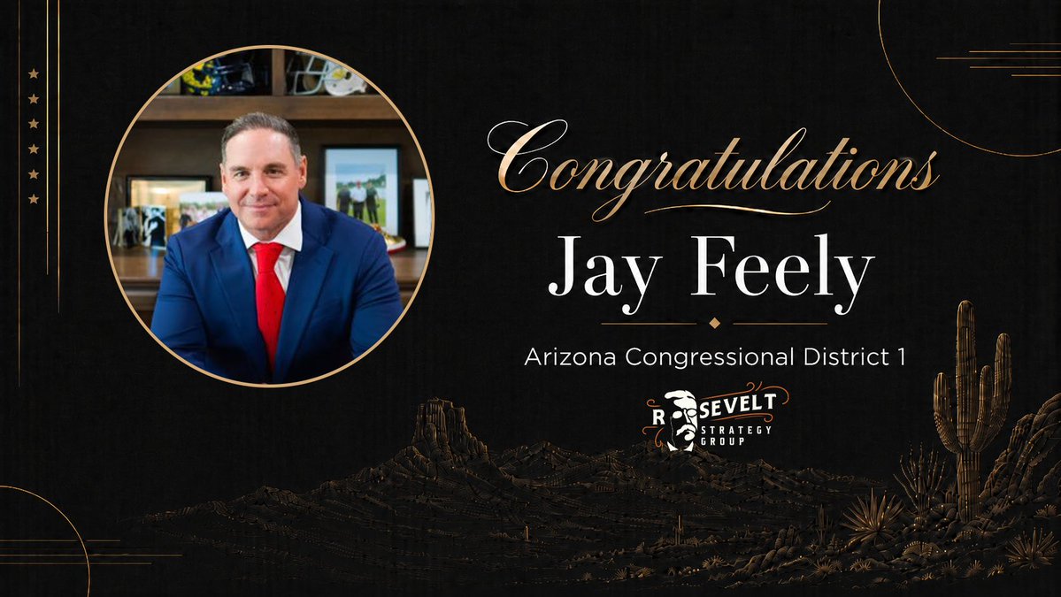 RooseveltStrat's tweet photo. Congratulations to @jayfeely on a well-earned Primary victory!

Your commitment to Arizona and tireless campaign connected with voters across #AZCD1. We appreciate the opportunity to work alongside your team and are excited for the road ahead. https://t.co/XA0skvCsr3
