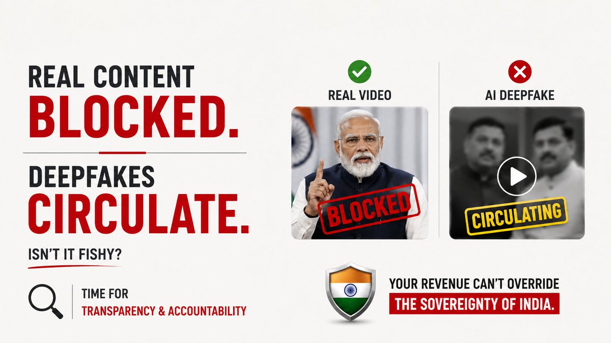 cassrawat's tweet photo. 🚨 The "technical glitch" excuse is a smokescreen. We are witnessing deliberate algorithmic manipulation and targeted censorship by Big Tech.

​Let’s look at the timeline:

❌ 25 July 2026: Vicious AI deepfakes of Union Ministers Piyush Goyal and Dharmendra Pradhan flood Meta’s platforms. Despite being flagged publicly, Meta's systems conveniently "fail" to block them, allowing malicious misinformation to rack up millions of views.

❌ 28 July 2026: PM Narendra Modi posts an authentic, verified video. Suddenly, Meta’s supposedly flawless moderation system springs into action to wrongly remove and restrict it.

​This contrast is not a coincidence or a coding error. Major technology platforms possess state-of-the-art AI designed to instantly detect synthetic content at scale.

The idea that their billion-dollar systems cannot spot viral political deepfakes but can "accidentally" block the Prime Minister's official account is an insult to our intelligence.

​Meta’s algorithms are being weaponized. Their detection systems appear highly effective at suppressing genuine, verified government communication, while their recommendation engines actively amplify synthetic, anti-government misinformation to drive engagement.

​This is blatant political interference. The pattern proves that platforms are abandoning neutrality to manipulate India’s digital information ecosystem.

​@GoI_MeitY @PIB_India @MIB_India @Cyberdost must stop settling for apologies and start enforcing strict, penal action for:

- ​Intentional algorithmic amplification of political deepfakes.

- ​Deliberate suppression and "shadowbanning" of authentic government voices.

- ​Foreign algorithmic bias functioning as domestic political interference.

​Foreign commercial entities cannot be allowed to dictate India's political narrative or compromise our digital sovereignty.

Big Tech is no longer a neutral host; it is an active, biased player, and it must face immediate regulatory consequences.

​#DigitalSovereignty #AlgorithmicBias #BigTechExposed #Deepfake #MeitY