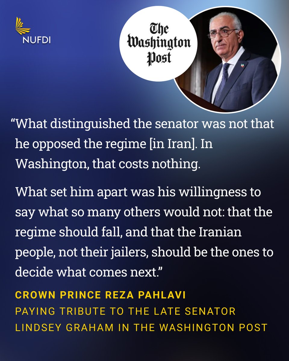 NUFDIran's tweet photo. Crown Prince @PahlaviReza paying tribute to the late Senator Lindsey Graham in @washingtonpost:

“What set the senator apart was his willingness to say that the regime should fall, and that the Iranian people, not their jailers, should be the ones to decide what comes next.” https://t.co/Er3u5t5Cv3