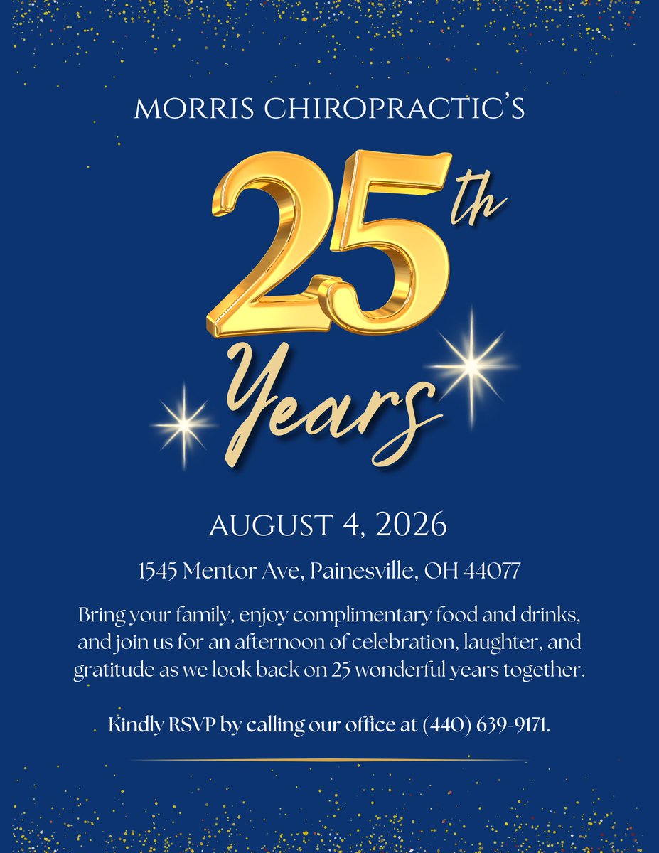 MorrisWellness1's tweet photo. Grab your family and come party with us! 🥳🥳

We're celebrating 25 YEARS of Morris Chiropractic, and it wouldn't be the same without you! 

- Complimentary food &amp; drinks
- Great company
- Fun memories
All that's missing is YOU!

RSVP today: (440) 639-9171 📞 https://t.co/Q4KVU1LGqB
