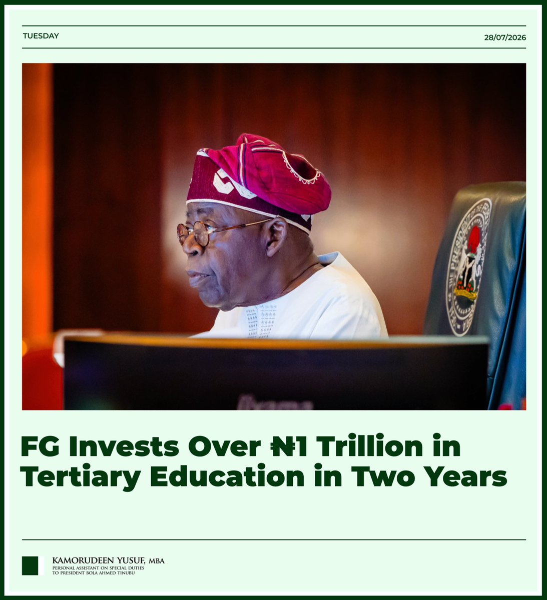 KamorYusuf's tweet photo. FG Invests Over ₦1 Trillion in Tertiary Education in Two Years

The Federal Government has invested over ₦1 trillion in Nigeria’s tertiary education sector within the last two years to improve infrastructure, expand access, and strengthen institutional capacity.

According to the Minister of Education, Dr. Tunji Alausa, the investments include ₦250 billion for new student hostels, over ₦150 billion for rehabilitation of academic facilities, ₦130 billion for medical schools, ₦52 billion for modern medical equipment, nearly ₦30 billion for medical simulation laboratories, and about ₦110 billion for engineering workshops and equipment.

The investments are aimed at improving learning conditions, equipping students with industry-relevant skills, expanding access to quality higher education, and supporting research and innovation across Nigeria's tertiary institutions.

- Kamorudeen Yusuf, MBA
Personal Assistant on Special Duties to President Bola Ahmed Tinubu