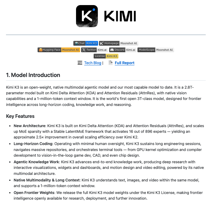 sunil28071987's tweet photo. Kimi K3 is a massive leap forward for open-source AI.
Moonshot AI just released the full model weights and technical report:

• 2.8T total parameters
• 16 of 896 experts active per token
• 1M-token context window
• Native text, image, and video reasoning
• ~2.5× better scaling efficiency than Kimi K2

The standout: multimodality is built into the core model—not bolted on through separate encoders.

Moonshot also open-sourced the vLLM KDA prefill cache implementation and was refreshingly honest about K3’s limitations.

Open models are closing the gap fast.
https://t.co/lRvvLzOZUa

#AI #OpenSourceAI #LLM #MultimodalAI