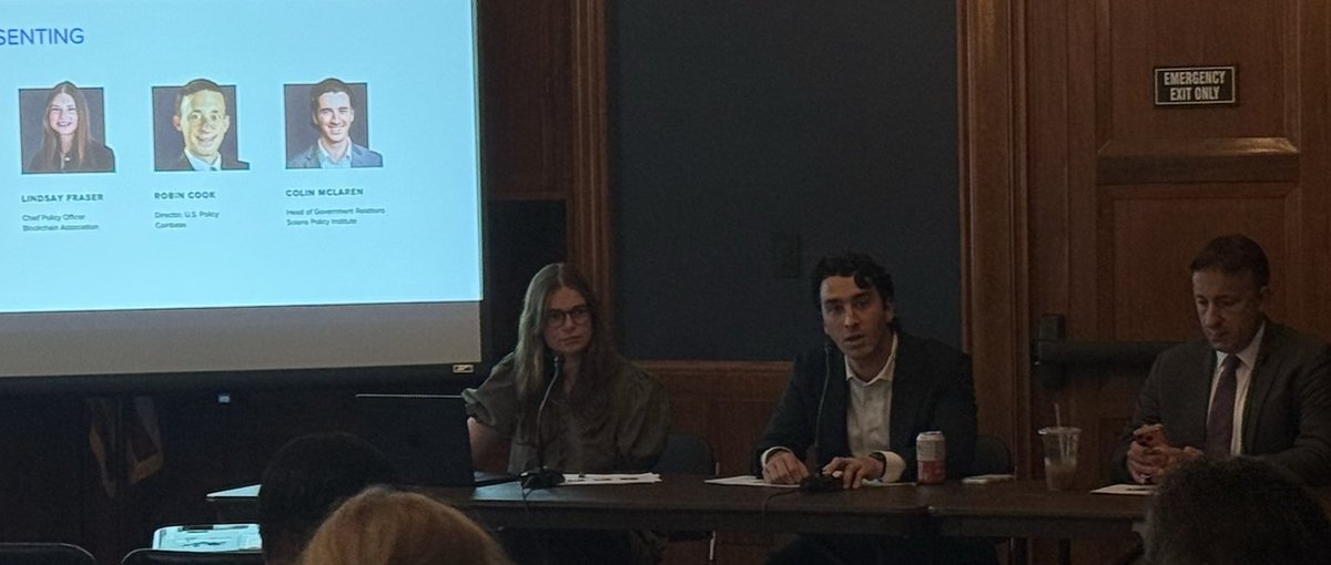 BlockchainAssn's tweet photo. Today, our team was on Capitol Hill to provide congressional staff with an overview of the latest Clarity Act text.

BA’s @lindsayfraser0 was joined by @SolanaInstitute’s @thecolinmclaren and @Coinbase’s @robinrcook to walk through the bill’s key provisions and their practical implications.