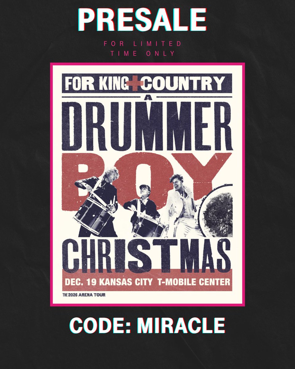 tmobilecenter's tweet photo. PRESALE: for King + Country
 🗓️ Dec.19. |  📍 T-Mobile Center
Code: Miracle
https://t.co/jvg7ZhYOnN https://t.co/Lgorq6vMtq