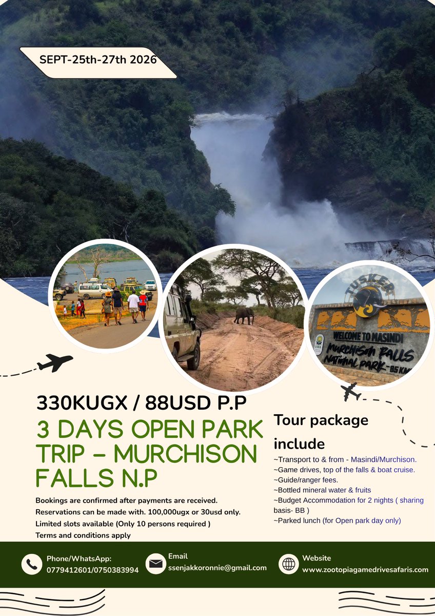 ZootopiaSafaris's tweet photo. We have prepared something for the #OpenParksDayUg for September 25th - 27th 2026. At only 80usd per person. 

Package comes with;
- Transport to and From Murchison falls 
- Accommodation (budget sharing with B.B ) 
- Parked lunch (for open park day) 
- bottled water &amp; fruits https://t.co/V0KzQPJYwX