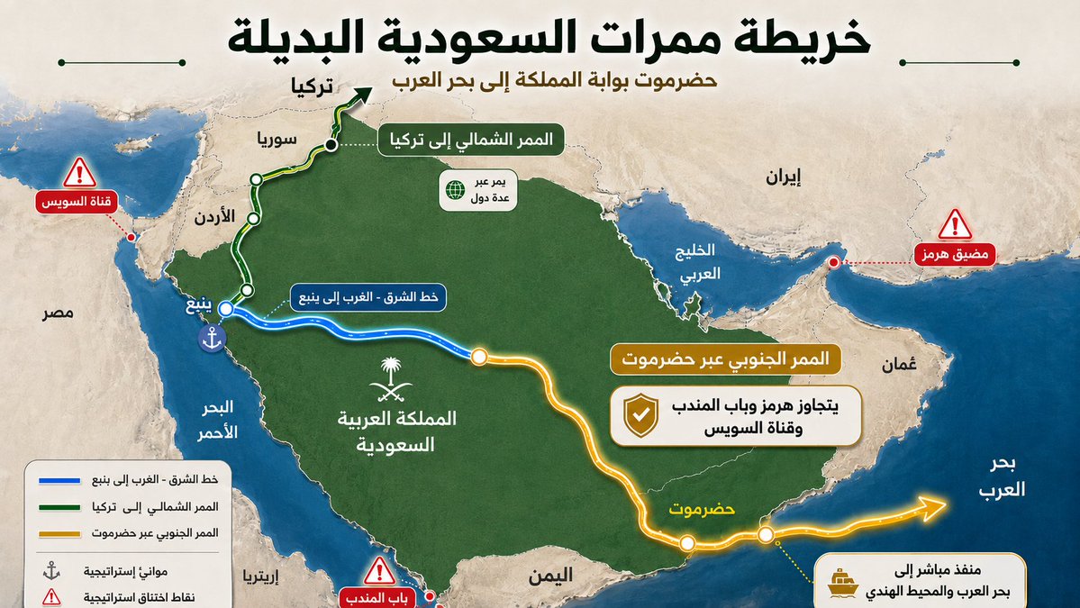 hjelan20's tweet photo. بقلم : حَجيلان بن حَمد 🇸🇦 ▪︎

━━━━━━━━━━━━━━━━━━━━

من تركيا إلى حضرموت..
كيف تحرر السعودية نفطها من حصار الممرات؟

━━━━━━━━━━━━━━━━━━━━

▪︎ الثروة لا تكتمل بلا ممراتها.

امتلاك النفط يمنح الدولة ثروة هائلة. لكنه لا يمنحها الاستقلال الكامل ما لم تملك طرقاً متعددة وآمنة لإيصاله إلى الأسواق.

«صاحب الثروة يجب أن يكون الأكثر تمكناً من ممراتها. لا الأكثر اعتماداً على ممرات الآخرين».

يمر عبر مضيق هرمز نحو خُمس استهلاك النفط العالمي. ولهذا أصبح المضيق أحد أخطر مراكز الاختناق في الاقتصاد الدولي.

إيران أدركت من أزمات المنطقة أن تهديد هرمز لا يحتاج دائماً ��لى إغلاقه. فمجرد رفع احتمالات المواجهة يرفع تكلفة التأمين والشحن ويعيد تسعير المخاطر في الأسواق.

«الورقة التي أثبتت فاعليتها في الحاضر ستبقى داخل حسابات إيران في المستقبل».

▪︎ ينبع تحل مشكلة هرمز. لكنها لا تنهي مشكلة الممرات.

أنشأت السعودية خط الشرق والغرب لنقل النفط من المنطقة الشرقية إلى ينبع بطاقة تبلغ نحو 5 ملايين برميل يومياً. ويمكن رفعها مؤقتاً إلى قرابة 7 ملايين برميل.

هذا الخط يمنح المملكة قدرة مهمة على تجاوز هرمز. لكنه ينقل الصادرات إلى شبكة أخرى من نقاط الاختناق.

فالنفط المتجه إلى أوروبا يعتمد على قناة السويس أو خط سوميد المصري الذي تبلغ طا��ته نحو 2.5 مليون برميل يومياً. أما الاتجاه جنوباً فيمر عبر باب المندب.

أثبتت حرب البحر الأحمر حجم هذا الخطر. فقد انخفض تدفق النفط عبر باب المندب من نحو 8.7 مليون برميل يومياً عام 2023 إلى 4 ملايين فقط خلال الأشهر الثمانية الأولى من عام 2024.

«كلما تركزت الصادرات في ممرات محدودة ارتفعت قدرة الآخرين على التأثير في القرار النفطي».

ومصر تدرس بالتأكيد ما كشفته أزمة البحر الأحمر عن قيمة قناة السويس وخط سوميد. ومن المنطقي أن تنظر إليهما مستقبلاً باعتبارهما أصلين استراتيجيين يمنحانها وزناً سياسياً واقتصادياً متزايداً.

هذا لا يعني أن مصر ستغلقهما أو تستخدمهما ضد السعودية. لكنه يعني أن الرياض لا ينبغي أن تجعل جزءاً حيوياً من أمنها الاقتصادي معتمداً على حسابات دولة أخرى مهما كانت العلاقات مستقرة.

▪︎ تركيا تفتح الشمال.

أحسنت السعودية بالتحرك نحو الربط السككي واللوجيستي مع تركيا. فالمشروع المقترح يمتد عبر الأردن وسوريا إلى تركيا ثم أوروبا.

وقد وقعت الرياض وأنقرة مذكرات تعاون في السكك الحديدية والخدمات اللوجيستية. ويستهدف المشروع نقل البضائع والنفط والغاز والمسافرين.

لكن الممر لم يكتمل بعد. فما زال هناك نحو 400 كيلومتر مفقود بين سوريا والأردن. كما يحتاج الجزء الممتد من تركيا إلى حلب ودمشق إلى إعادة تأهيل واستثمارات جديدة.

«الممر الذي يعبر أربع دول يحمل معه سياسات أربع دول ومخاطر أربع دول».

لذلك يمثل الطريق التركي خياراً استراتيجياً مهماً. لكنه لا يصلح منفرداً ضمانة نهائية بسبب تقلب العلاقات الإقليمية وعدم استقرار بعض الأراضي التي يمر بها.

▪︎ حضرموت تفتح الجنوب.

هنا يجب على السعودية أن تستدير جنوباً نحو حضرموت. فهي ليست مجرد مساحة جغرافية مجاورة. بل كانت تاريخياً همزة وصل بين الجزيرة العربية والهند وشرق أفريقيا وجنوب آسيا.

ومن سواحلها تستطيع المملكة بلوغ ب��ر العرب والمحيط الهندي من دون المرور بهرمز أو باب المندب أو قناة السويس.

«حضرموت تمنح السعودية ما لا يمنحه الممر التركي. منفذاً مباشراً من الجزيرة العربية إلى البحر المفتوح».

كما أن الممر الحضرمي يمكن أن يجمع بين أنابيب النفط والسكك الحديدية والطرق والمناطق اللوجيستية والموانئ. وبذلك لا يكون مشروعاً نفطياً فقط. بل محوراً اقتصادياً يربط الداخل السعودي بالمحيط الهندي.

ولا ينبغي التعامل مع حضرموت باعتبارها أرض عبور. بل شريكاً كامل المصالح. فنجاح المشروع يتطلب تنمية محلية واتفاقاً مع أهلها وحماية مشتركة وتوزيعاً عادلاً للمنافع.

▪︎ «الأمن النفطي لا يقوم على حماية الحقول وحدها. بل على منع وجود نقطة واحدة يستطيع الخصم خنق المنظومة من خلالها».

السعودية تحتاج إلى شبكة بثلاثة اتجاهات :

ينبع غرباً.

تركيا شمالاً.

حضرموت جنوباً.

ليست المسألة اختيار ممر بديل عن آخر. بل بناء منظومة تجعل تعطيل طريق واحد عاجزاً عن تعطيل القرار السعودي.

��الدولة التي تملك النفط تملك الثروة. أما الدولة التي تملك النفط وممراته البديلة فهي التي تملك القوة والقرار».

▪︎ النَّص مَحمي بالكامل ضمن الأنظمة السعودية 🇸🇦 ومنصة X • .