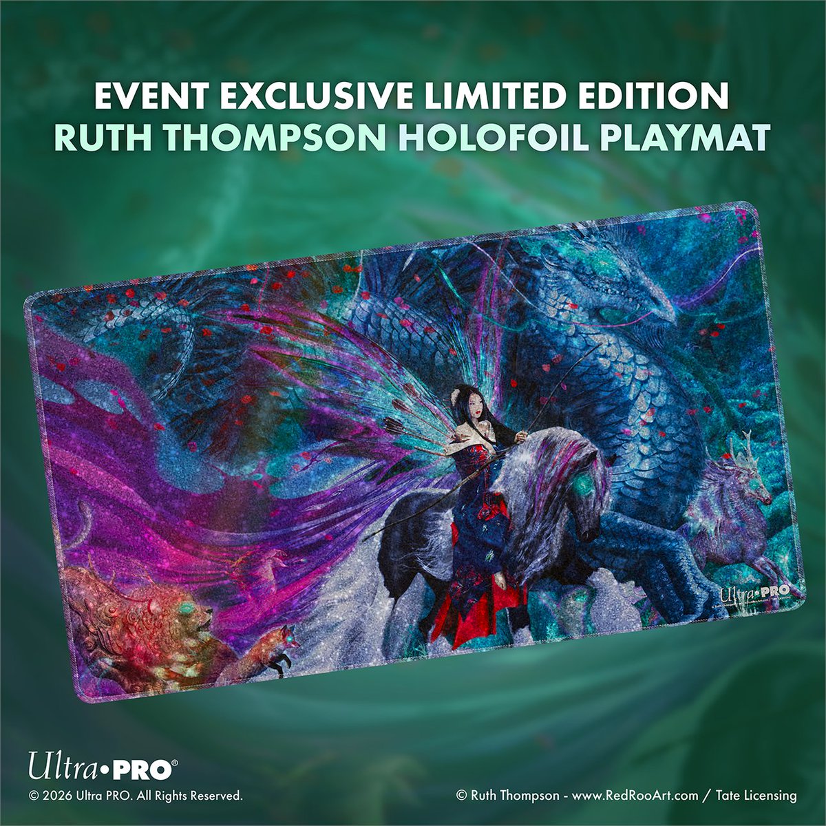 UltraProIntl's tweet photo. ✨ Gen Con Exclusive Reveal ✨ Only 100 made! 

Celebrate the artistry of Ruth Thompson with this limited-edition Gen Con exclusive playmat, featuring her stunning artwork brought to life on a premium Ultra PRO playmat.

Whether you’re battling at the table or adding to your collection, this exclusive piece is a must-have for fans of incredible art and unforgettable games.

Available only at Gen Con 2026 don’t miss your chance to take one home! ✨

#GenCon2026 #UltraPRO #RuthThompson