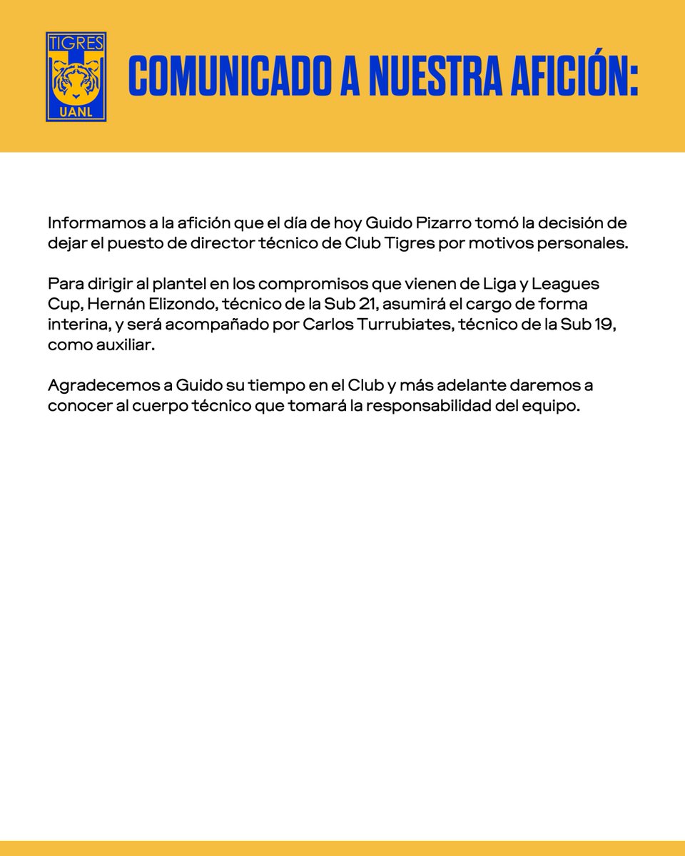 TigresOficial's tweet photo. Comunicado Oficial, Guido Pizarro.

📰 Nota completa: https://t.co/OryYdR8JmX https://t.co/IvUYkFodLB