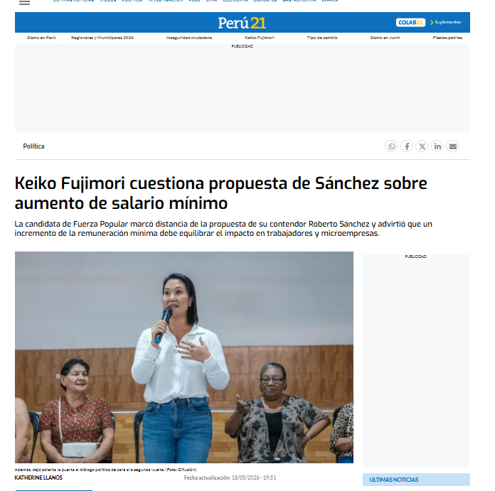 SofiaLopezLl's tweet photo. La presidenta Keiko Fujimori anunció un aumento del sueldo mínimo. En mayo de este año, cuestionó al entonces candidato presidencial, Roberto Sánchez, por esa propuesta, porque desde su punto de vista, ese tipo de anuncios "buscan el aplauso fácil". https://t.co/BwUJ80JC5A