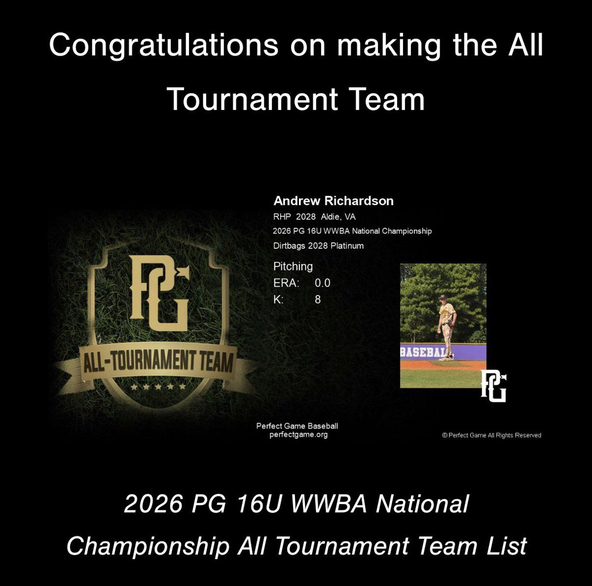 AndrewRichardsn's tweet photo. Thank you @PerfectGameUSA for the All Tournament Team at the WWBA National Championship.@PVI_Baseball @coachcoop05 @DirtbagsVa https://t.co/5tmul4u9mp