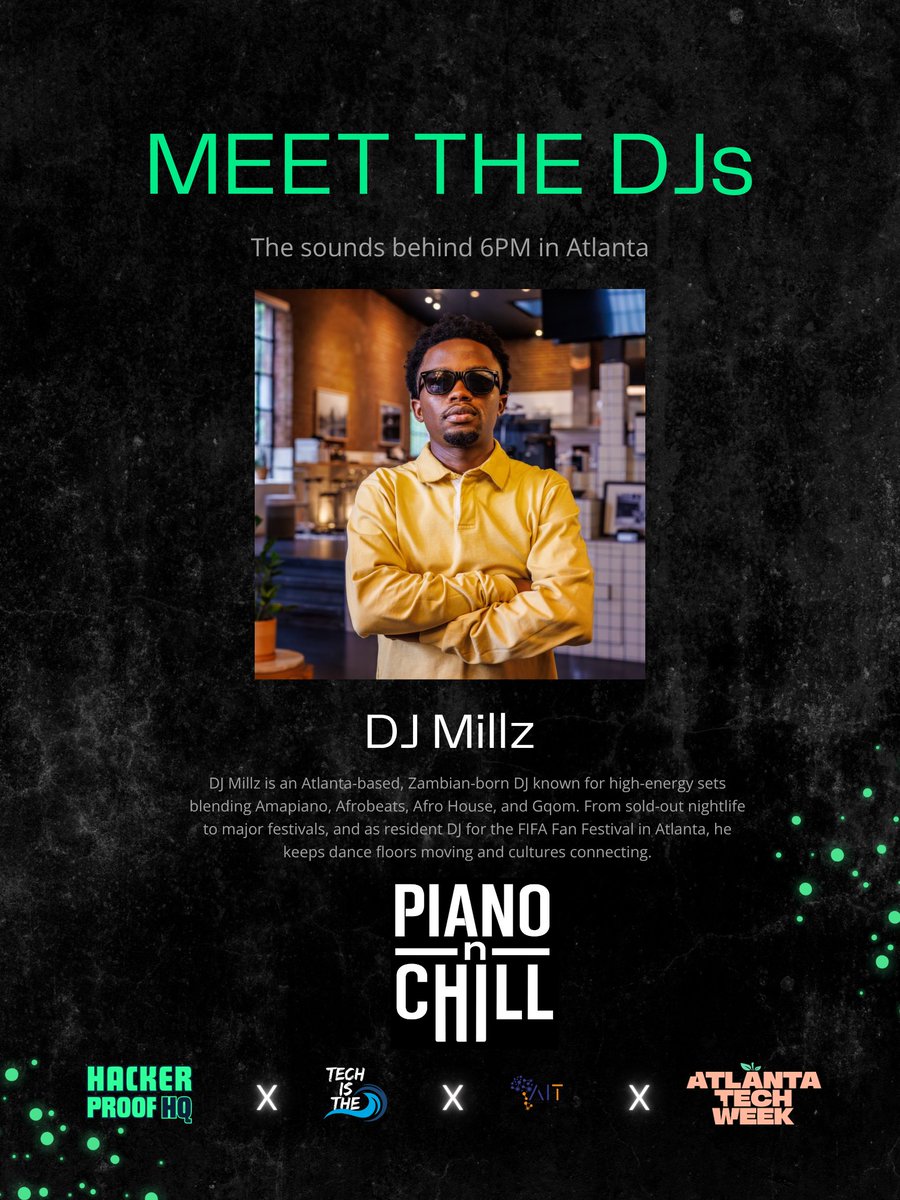 HackerproofHQ's tweet photo. Hacker Proof HQ is partnering with Piano n Chill to curate the music experience for 6PM in Atlanta during #AtlantaTechWeek.
Featuring: Dj Kapritsio and Dj Millz.
Come network, connect, and vibe.
📍 Atlanta 
📅 Aug. 11
RSVP: https://t.co/VgxsEVlxlp https://t.co/mISWGX8S8M