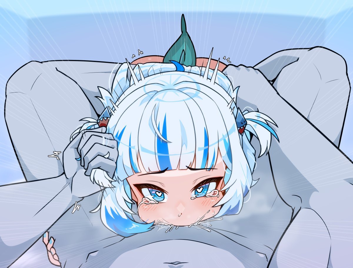 Smug_Shork's tweet photo. The young shark is quite adept at not gagging, and had been bragging about it.

Now she was sliding your hefty shaft down her throat with wet slurps whilst being forced to take every inch. Her eyes watered as Gura's blue eyes looked at you. https://t.co/fORPhrALPb