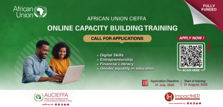 HGBashar's tweet photo. 📢 CALL FOR APPLICATIONS | African Union CIEFFA Online Capacity Building Training 2026 (Fully Funded)

Are you a young African looking to build practical skills that can improve your career or business?

The African Union CIEFFA, in partnership with ImpactHER, is accepting applications for its 2026 Fully Funded Online Capacity Building Training.

What you'll learn:
✅ Digital Skills
✅ Entrepreneurship
✅ Financial Literacy
✅ Gender Equality in Education
Benefits
✅ 100% FREE online training
✅ Learn from industry experts
✅ Join a Pan-African network of participants
✅ Certificate upon successful completion

Who can apply?
✔ African women and men
✔ Young entrepreneurs
✔ Students
✔ Educators
✔ Professionals interested in digital skills and entrepreneurship

Application Deadline
📅 31 July 2026
Training Starts
📅 31 August 2026

Apply through the official AU 
CIEFFA page:

https://t.co/BczrsvAWzN⁠