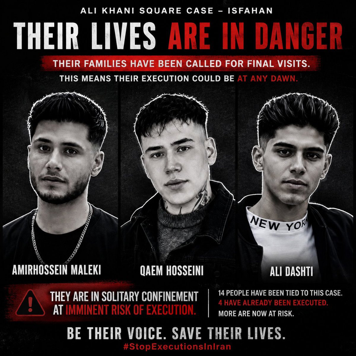 FreeInnocents's tweet photo. 🆘🆘Ali Dashti, Qaem Hosseini, and Amirhossein Maleki are in death row.     

Their families have been called for a final visit before execution.  
12 young men were sentenced to death together in a single closed-door trial. 
Four have already been executed.  

#Alikhani_square https://t.co/EtCjTMUxHA