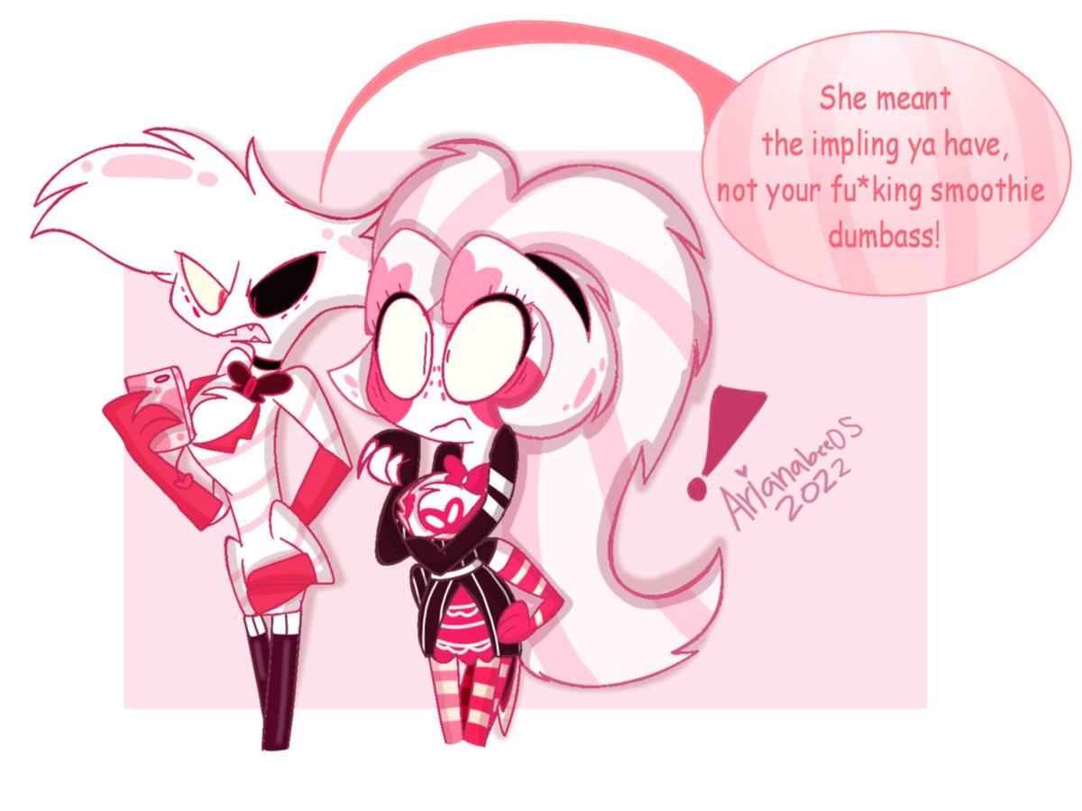 ArianaBee05's tweet photo. Old comic from 2022✨
Got the idea from someone in insta along with the meme😁💖
Thinking about doing a redraw on this but idk🤔
#HazbinHotel #HelluvaBoss #oldart #2022art #smoothiecomic https://t.co/MEDrAKrneV